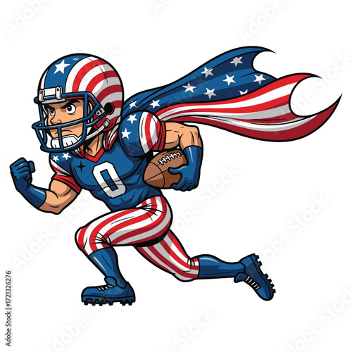 A powerful American football player running with the ball, wearing a patriotic superhero cape of the USA flag. vector illustration