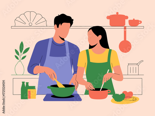 Couple cooking together in kitchen modern illustration Vector flat design