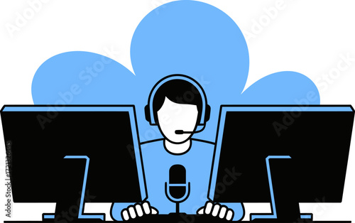 Customer support agent with headset and microphone Vector illustration Flat design Blue background