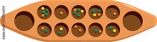 Mancala board game partially filled with colorful beads, representing strategy and entertainment