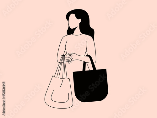 Woman holding tote bags sustainable shopping lifestyle Minimalist line art illustration Pink background