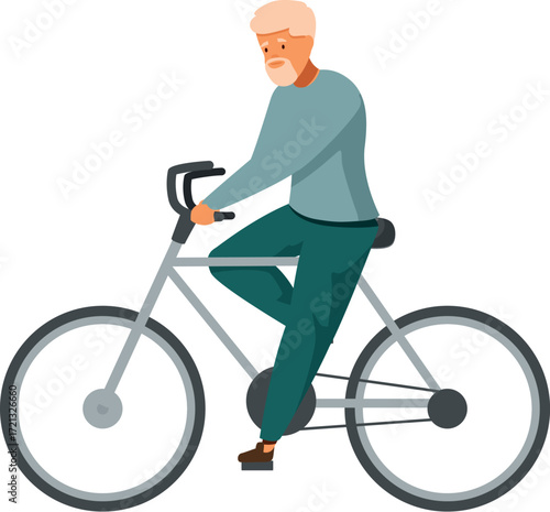 Elderly man with white hair and beard is riding a bicycle, enjoying his retirement and staying active
