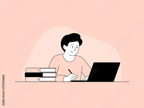 Focused student studying online with laptop and books, capturing the essence of modern education and remote learning for academic success