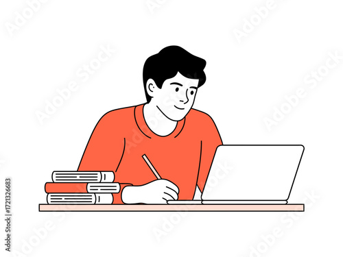 Focused student studying online with laptop and books, taking notes and learning in vibrant modern style, perfect for education and e-learning concepts