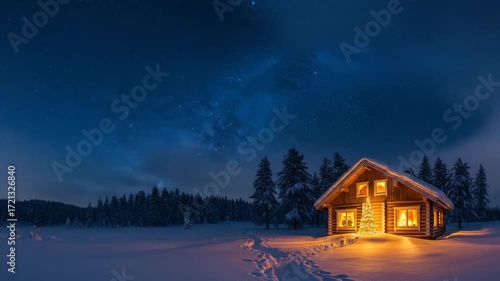 Cozy Log Cabin Illuminated in Snowy Forest Under Starry Night Sky