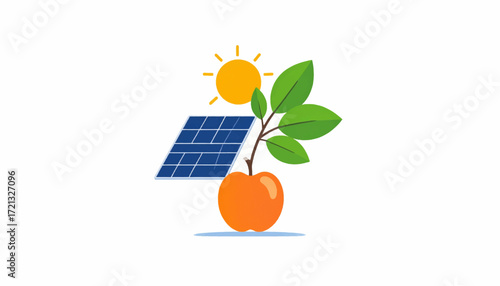 Sustainable energy powering a healthy harvest, with a sun icon illuminating a solar panel and an orange fruit with leaves