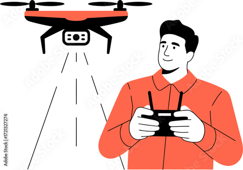 Man operating drone with remote control aerial photography Vector illustration simple design 