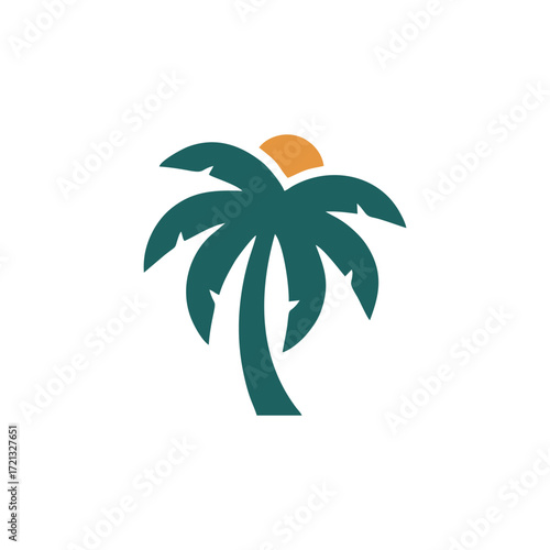 Minimalist palm farm logo design for tropical agriculture company branding identity with coconut tree icon and organic plantation landscape symbol for eco friendly business venture
