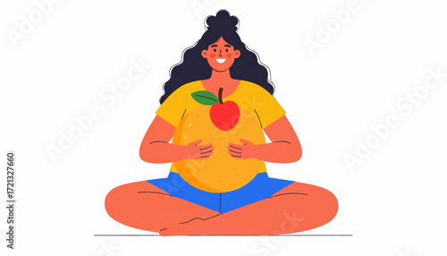 Woman in yellow shirt and blue shorts meditating with apple on chest, symbolizing healthy lifestyle