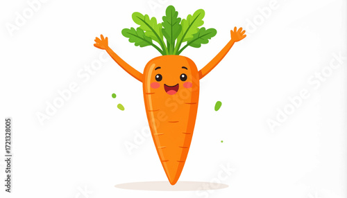 Joyful cartoon carrot with arms raised in celebration, depicting health and happiness