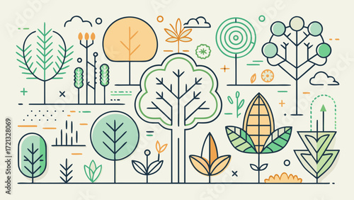 Line art tree and plant icons set design elements, minimalist botanical collection, versatile modern outlines, ideal for eco-friendly projects, logos, or nature-inspired visual themes and compositions