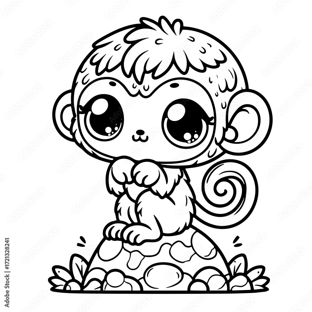 Fototapeta premium Cute cartoon monkey sitting on a rock surrounded by grass