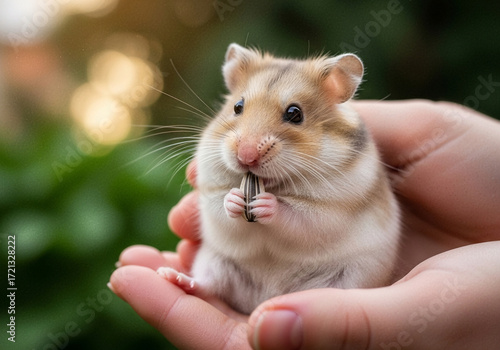 Adorable Hamster Munching on a Sunflower Seed Held Gently in Human Hands