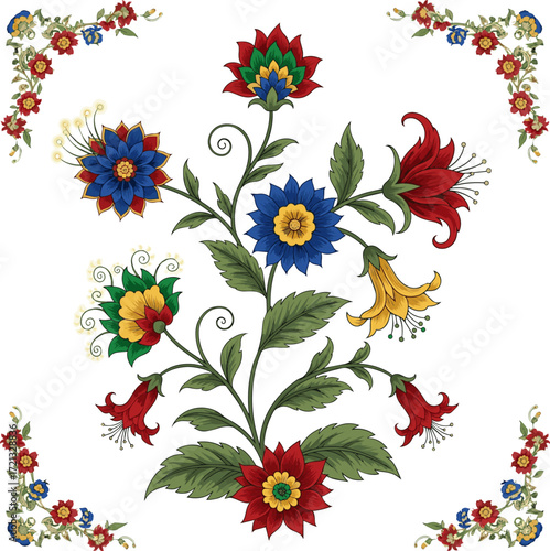  Create a Mughal flower plant and fantasy blooms in a vintage Rajasthani style, ideal for elegant wedding invitations, seamless borders, and traditional decorative artwork vector art with white backgr
