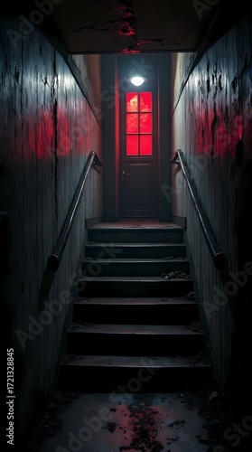 Creepy abandoned staircase leading to a red-lit mysterious door in a dark building, eerie corridor with peeling paint and shadows, spooky horror atmosphere concept