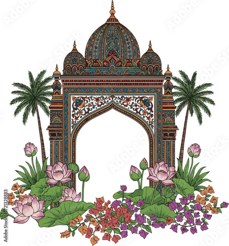 Create a Mughal ethnic pattern, temple arch, palm tree, plant with lotus, bougainvillea flowers illustration for wedding vector art with white background.