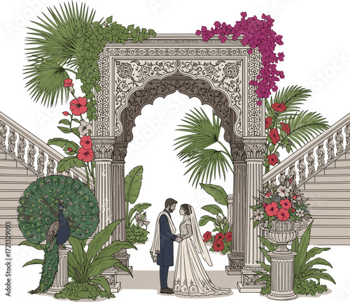 Create a Mughal garden arch with wedding couple, column, tropical plants, peacock, flower vase, and staircase decorative frame vector art with white background..