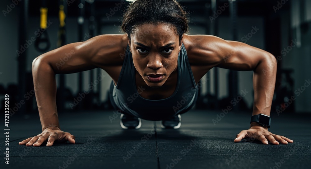 Fototapeta premium Determined athletic woman performing a push-up exercise in a dark gym