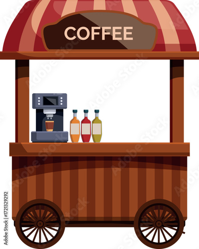 Wooden street food cart serving coffee, with coffee machine and syrups