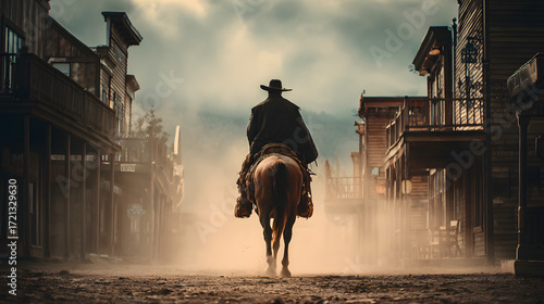 Lone cowboy riding horse through dusty western town, evoking adventure and the spirit of the Wild West