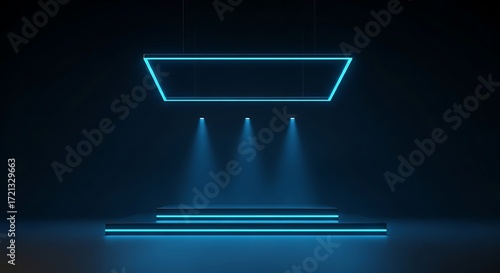 A futuristic stage with blue neon lights and spotlights, creating a dramatic and modern atmosphere for presentations