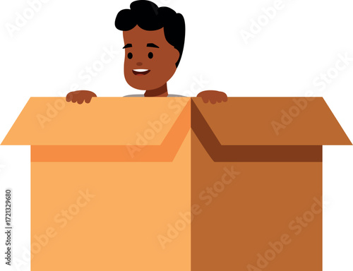 Smiling child having fun playing inside two cardboard boxes, perfect for concepts related to childhood, games, imagination and moving
