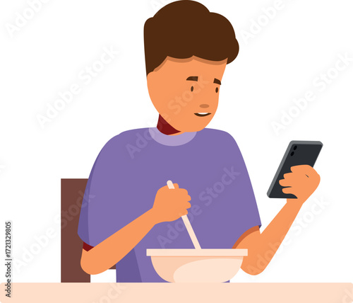 Person using mobile phone while having breakfast, enjoying morning routine and modern technology