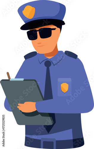 Police officer taking notes on a clipboard, performing his duties during an investigation or patrol