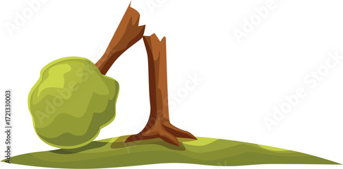 Cartoon broken tree falling down on a green grass patch representing nature damage and environmental problems
