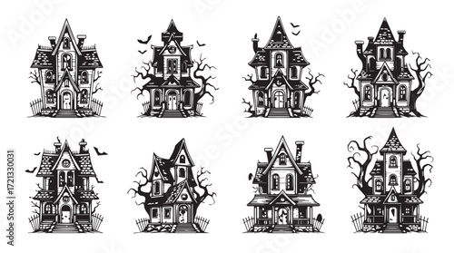 Collection of spooky haunted houses and creepy mansions for halloween themed designs silhouette