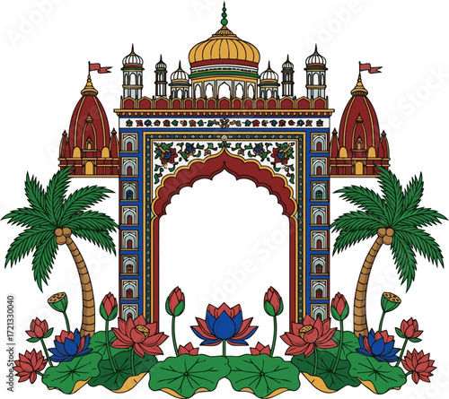 Create a Mughal traditional pattern, arch, temple, palm tree, lotus flower illustration for wedding invitation frame vector art with white background..