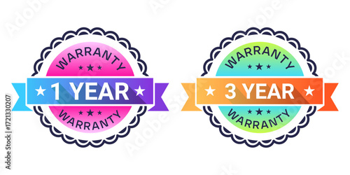 Warranty badge labels for 1 year and 3 year product guarantee