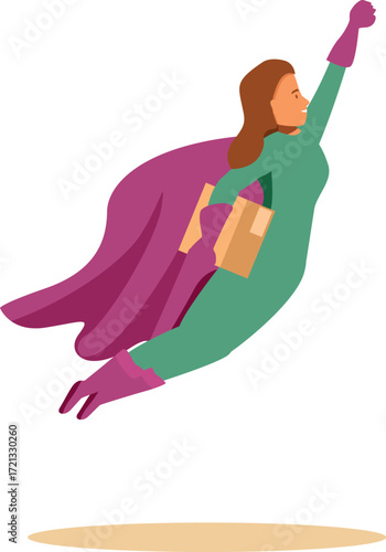 Courier woman wearing superhero costume flying and delivering parcel, express delivery and fast shipping concept