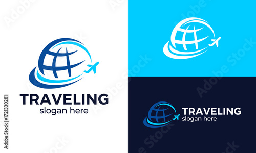 Traveling logo design. Abstract globe concept vector design with plane symbol graphic icon