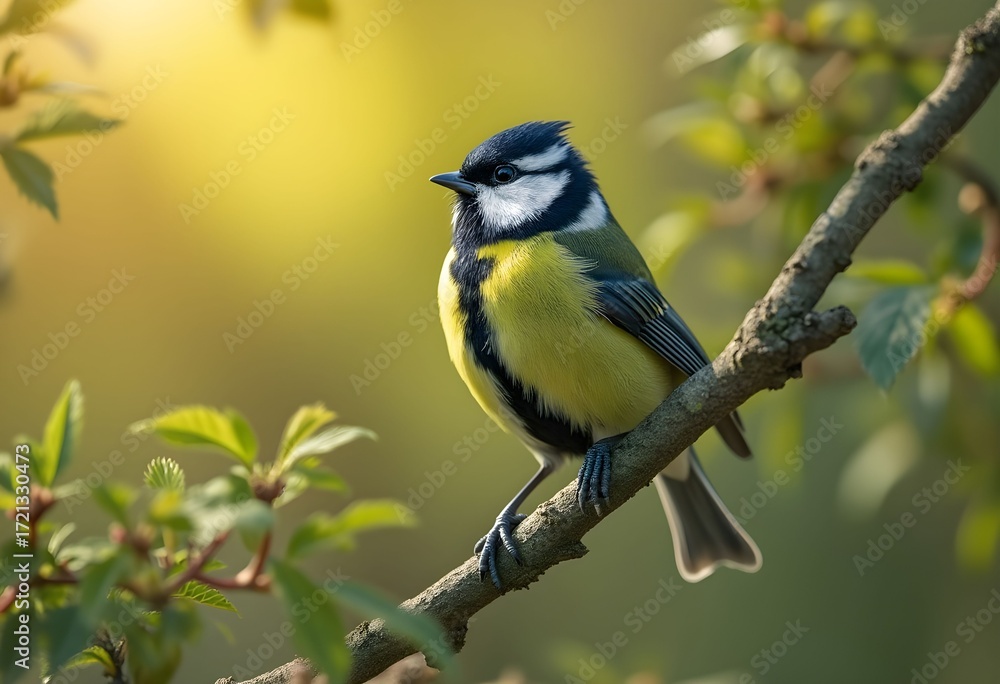 Fototapeta premium Vivid Blue Tit Perched on Branch in Golden Sunlight