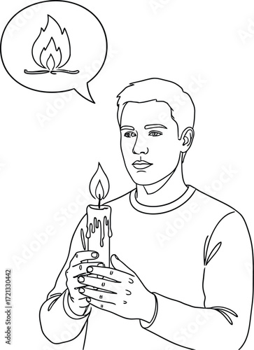 Man holding candle flame thinking about campfire illustration