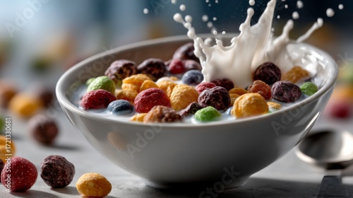 Splashing milk with colorful cereal bowl kitchen table food photography bright environment close-up breakfast concept