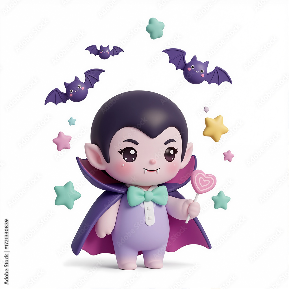 Obraz premium A cute 3D cartoon vampire character for Halloween. Adorable monster child holding a candy lollipop with bats and stars. Kawaii illustration isolated on a white background with copy space.