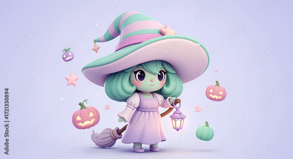 Naklejka premium A cute 3D witch character for Halloween. Kawaii cartoon illustration with pastel pumpkins and a magic broom. Whimsical holiday concept isolated on a purple background with copy space.