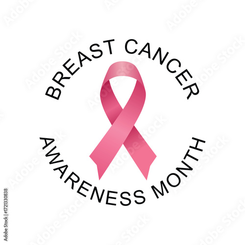 A simple and effective circular logo for Breast Cancer Awareness Month with a pink ribbon in the center of the text. vector illustration