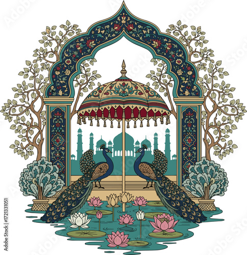  Create a Traditional Mughal decorative garden with arch, ornate parasol, peacocks, trees, lotus flowers, and palace vector art with white background..
