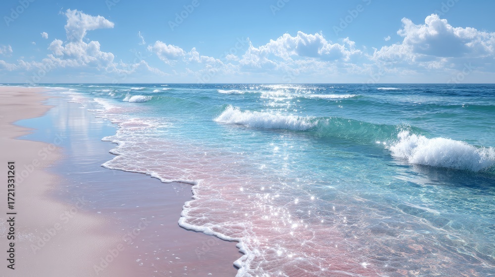 Fototapeta premium Vibrant Seascape with Pink Sand Beach and Turquoise Ocean Waves under a Cloudy Blue Sky in Sunlight
