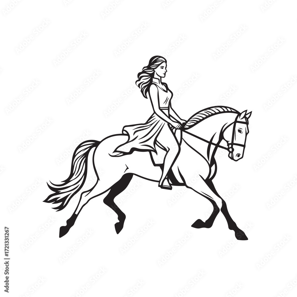 Fototapeta premium Black and white line art of a beautiful woman with perfect body riding horse elegant minimalist illustration