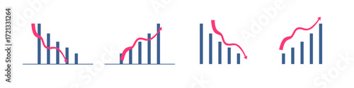 Depicting financial decline and recovery with bar and line graphs showing downward and upward trends.