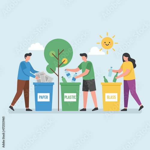 People recycling materials into bins outdoors on a sunny day  