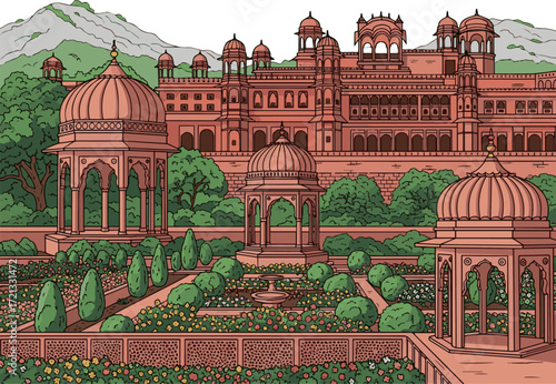 Create a Traditional Mughal style illustration of Jaipur landscape featuring palace, garden with domes, arched walls and flower plants vector art with white background..
