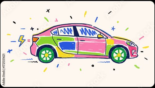 Colorful car illustration with playful design and vibrant accents  