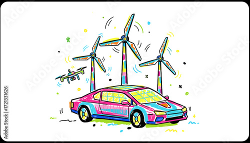 Electric car with wind turbines and drone in colorful illustration  