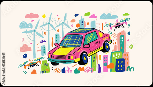 Colorful cartoon car flying over abstract cityscape with drones  