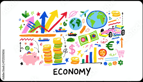Colorful economic sketch featuring graphs, money, and symbols  